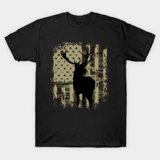 Camo US Flag Deer Elk Buck Camoflage Hunting Hunter Dad Gift T-Shirt